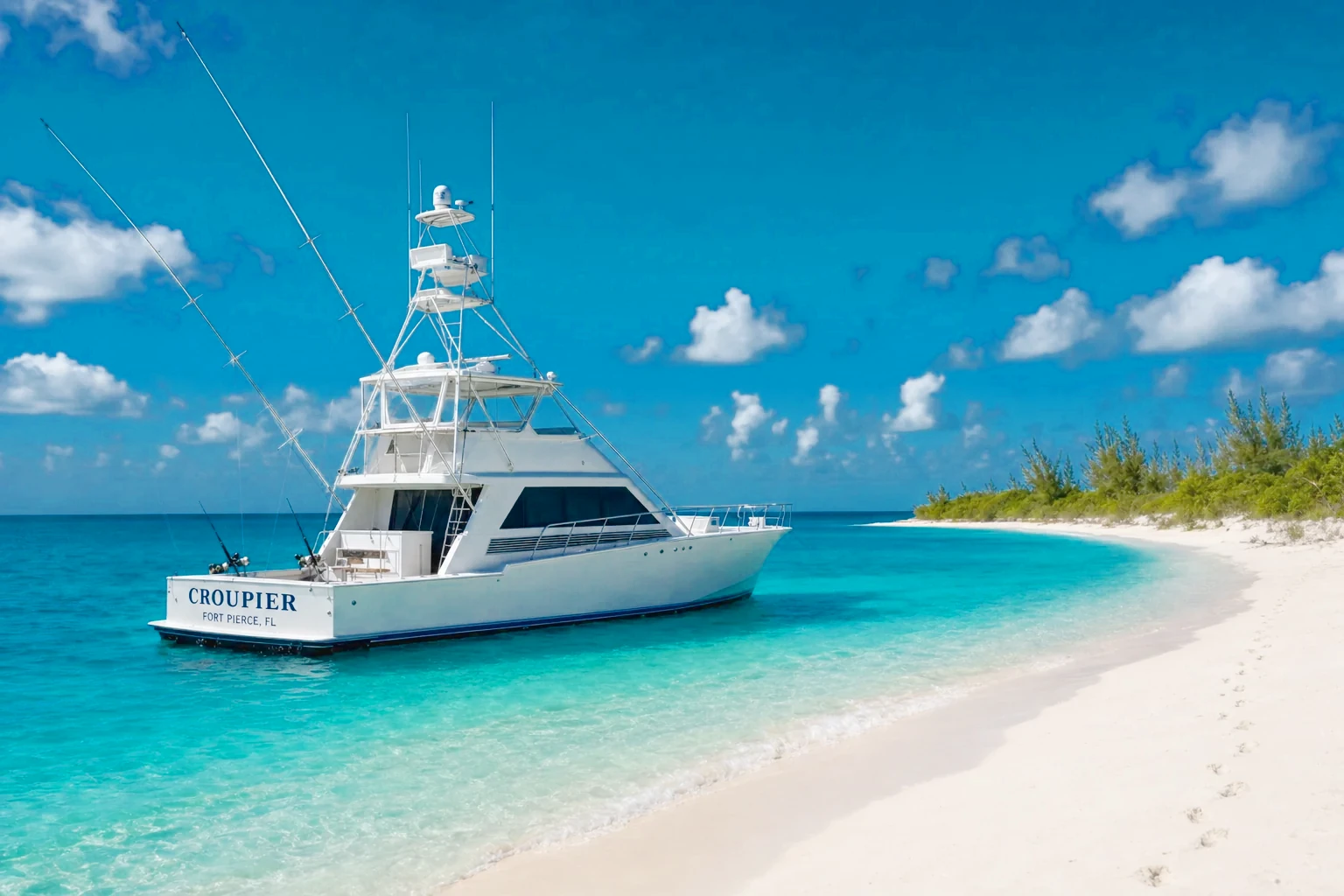 CROUPIER at anchor off a deserted powder-white Bahamian beach