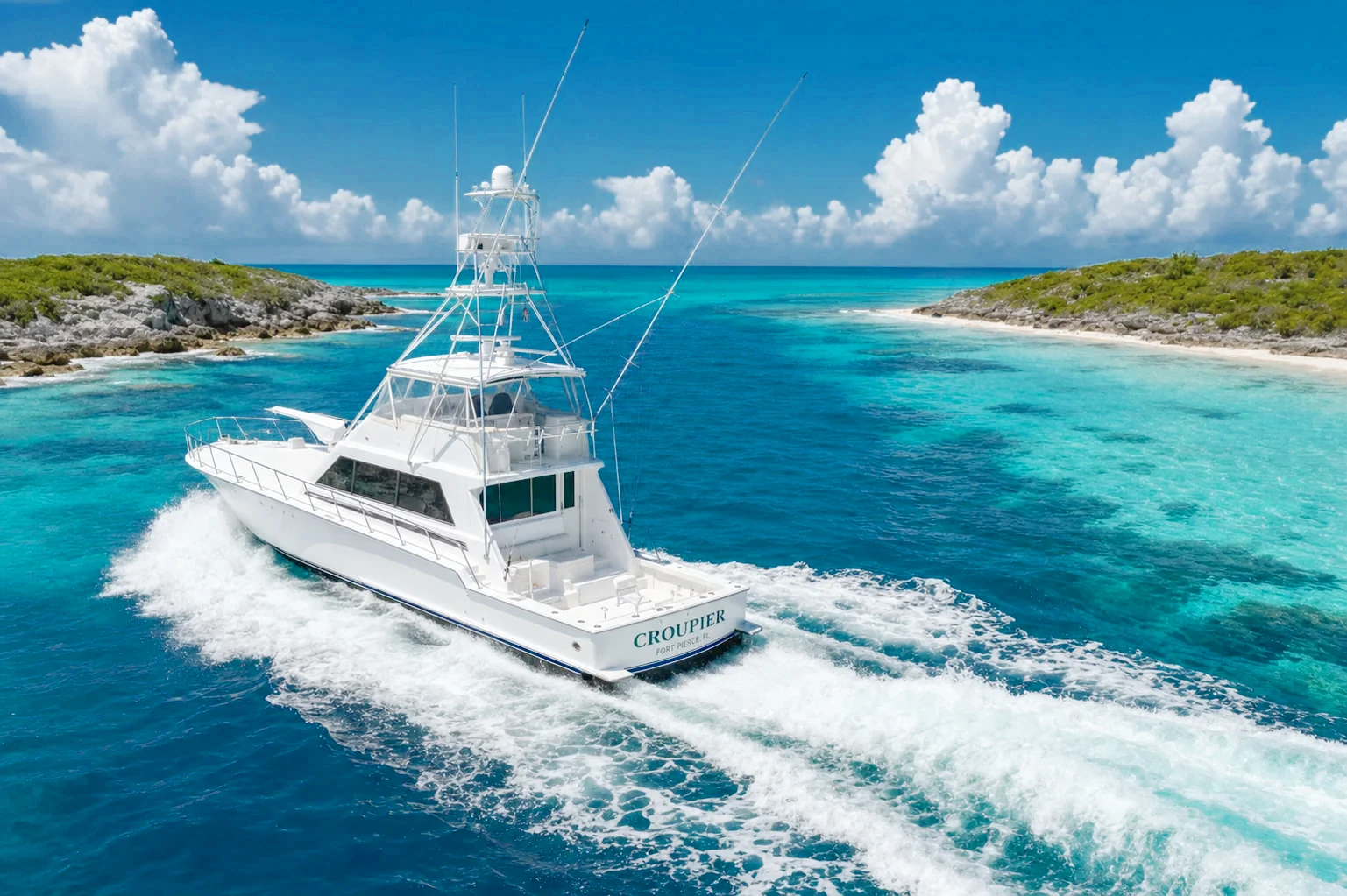 CROUPIER running through a Bahamian island cut over turquoise banks