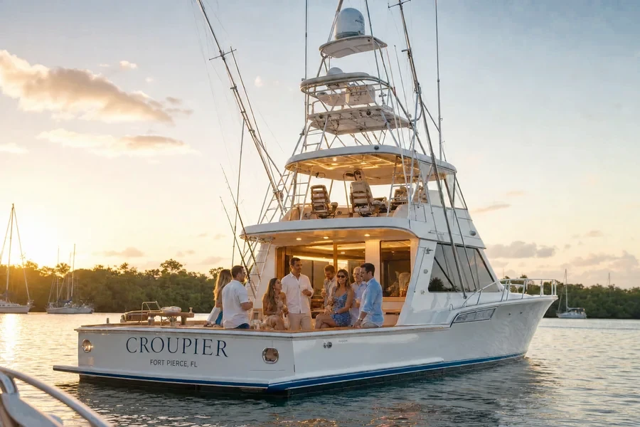 CROUPIER at anchor at golden hour with guests aboard